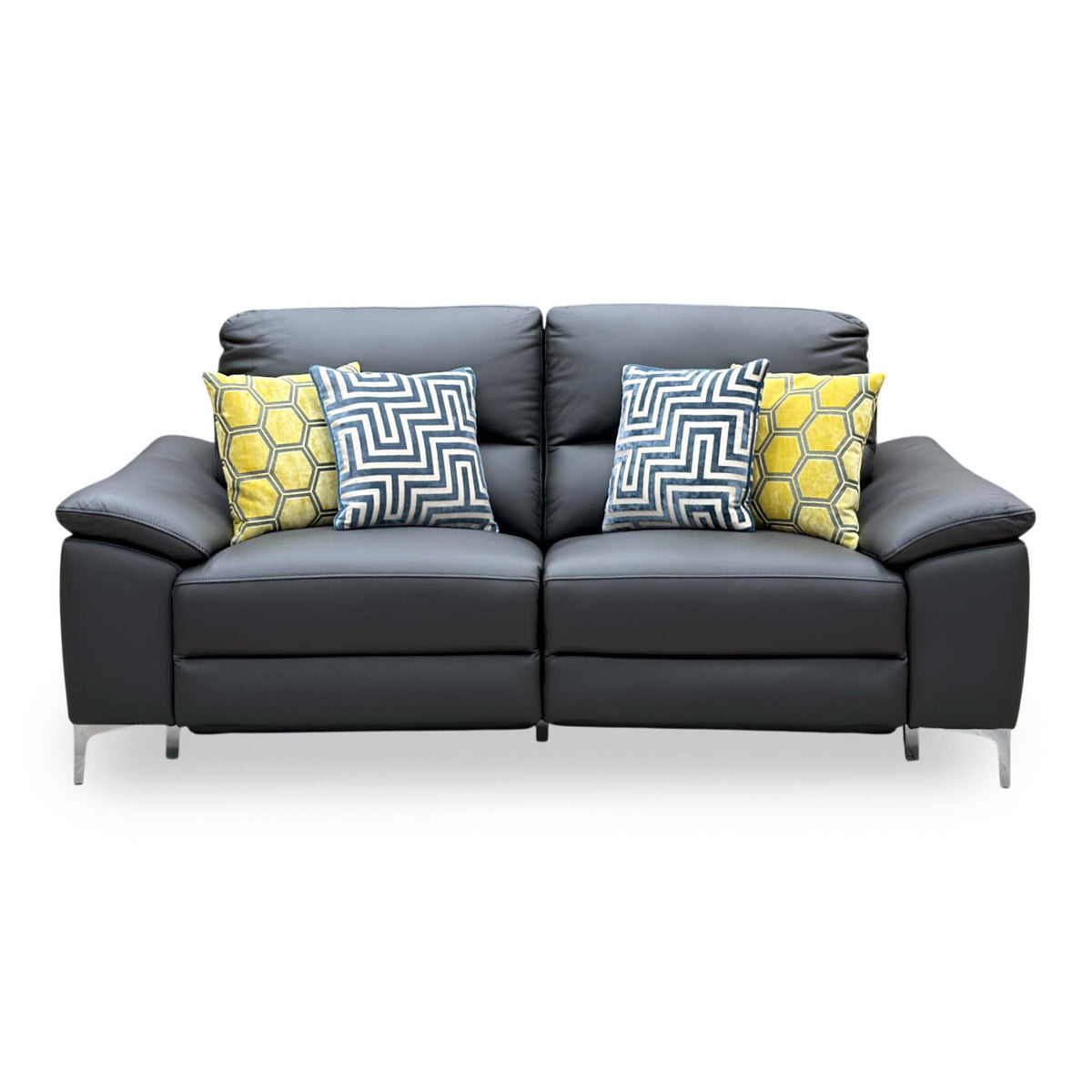 Front view of the Pavillion charcoal grey leather 3 seater power recliner sofa with four scatter cushions