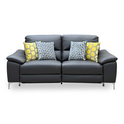 Front view of the Pavillion charcoal grey leather 3 seater power recliner sofa with four scatter cushions