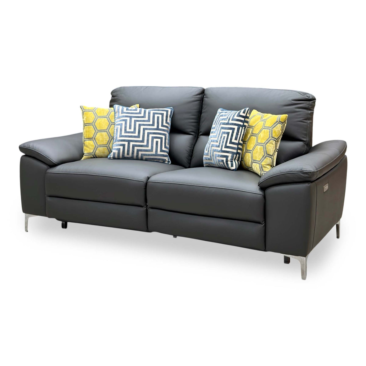 Pavillion charcoal grey leather 3 seater recliner sofa upright, angled view from the right-hand end