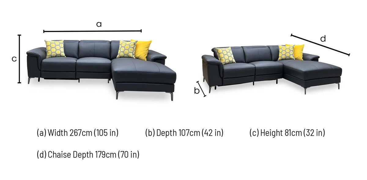 ‘Lorenza’ Black Leather:Faux Leather Power Recliner Right Hand 3 Seater Chaise Sofa