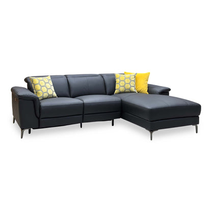 ‘Lorenza’ Black Leather:Faux Leather Power Recliner Right Hand 3 Seater Chaise Sofa