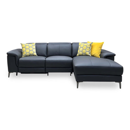 ‘Lorenza’ Black Leather:Faux Leather Power Recliner Right Hand 3 Seater Chaise Sofa
