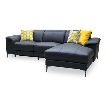‘Lorenza’ Black Leather:Faux Leather Power Recliner Right Hand 3 Seater Chaise Sofa