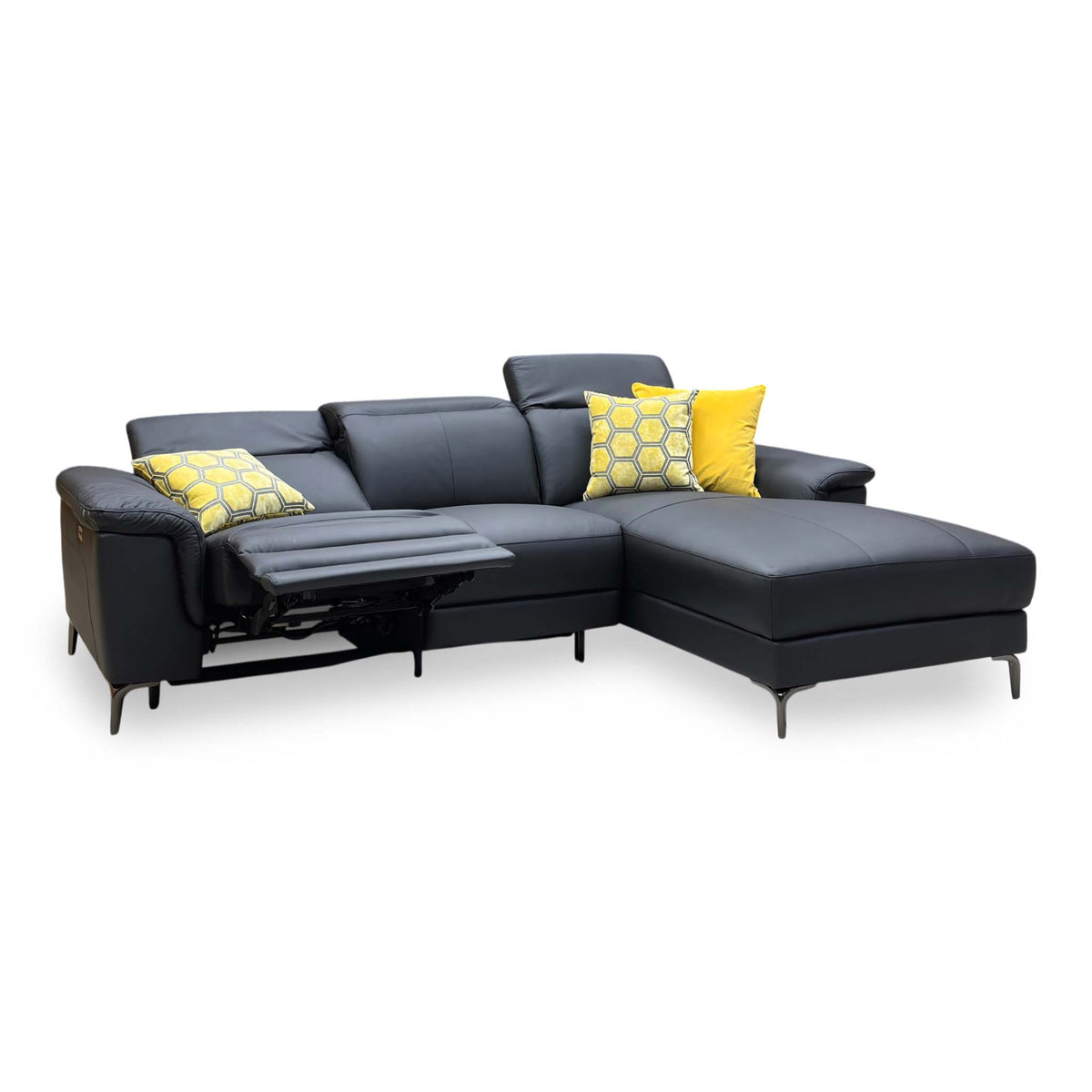 ‘Lorenza’ Black Leather:Faux Leather Power Recliner Right Hand 3 Seater Chaise Sofa
