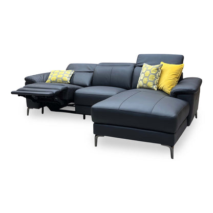 ‘Lorenza’ Black Leather:Faux Leather Power Recliner Right Hand 3 Seater Chaise Sofa
