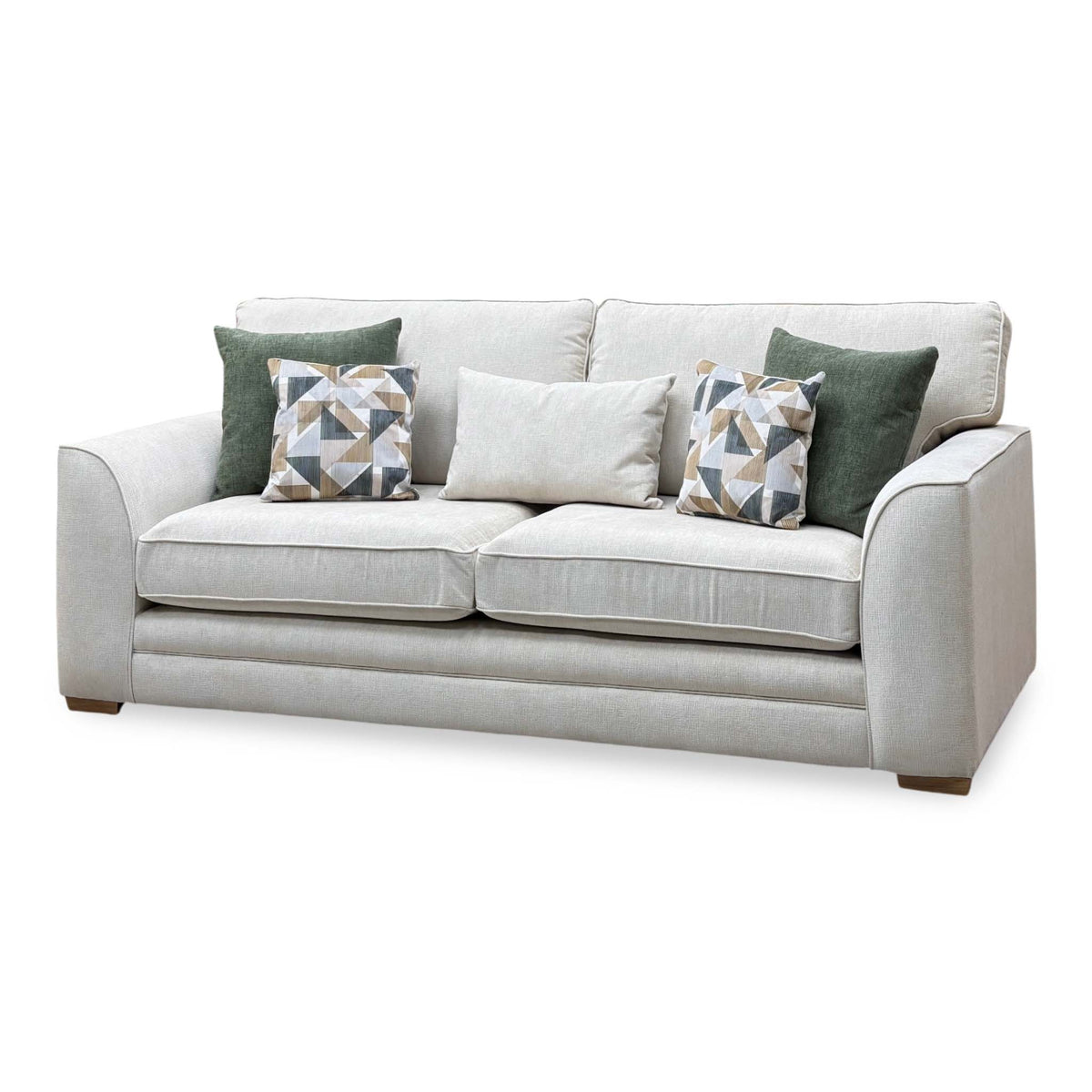 Kaluna natural fabric 3 seater sofa, angled view from the right showing the curved arms and wooden feet