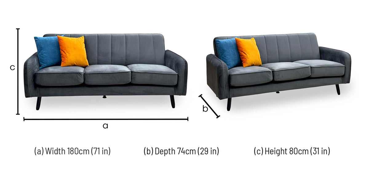 Jennifer dark grey velvet 3 seater sofa dimensions: width 180cm, depth 74cm, height 80cm