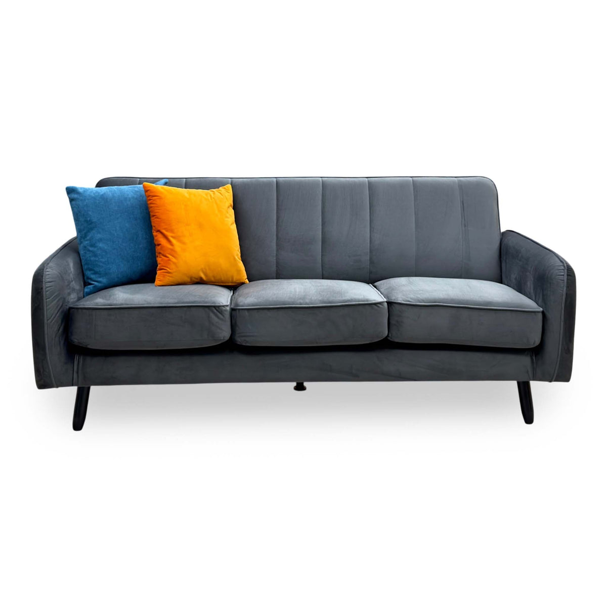 Front view of the Jennifer dark grey velvet 3 seater sofa showing the fluted back and black tapered legs