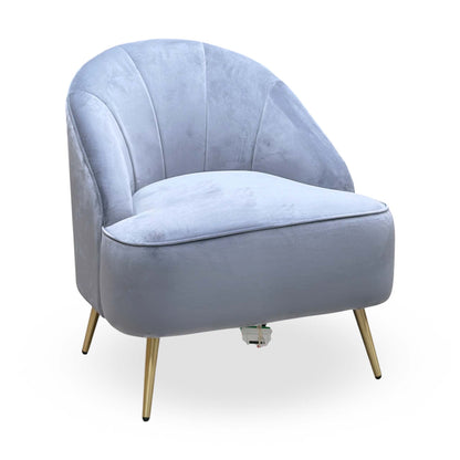 Cali bluish grey velvet accent chair with scalloped back and gold legs, angled cut-out