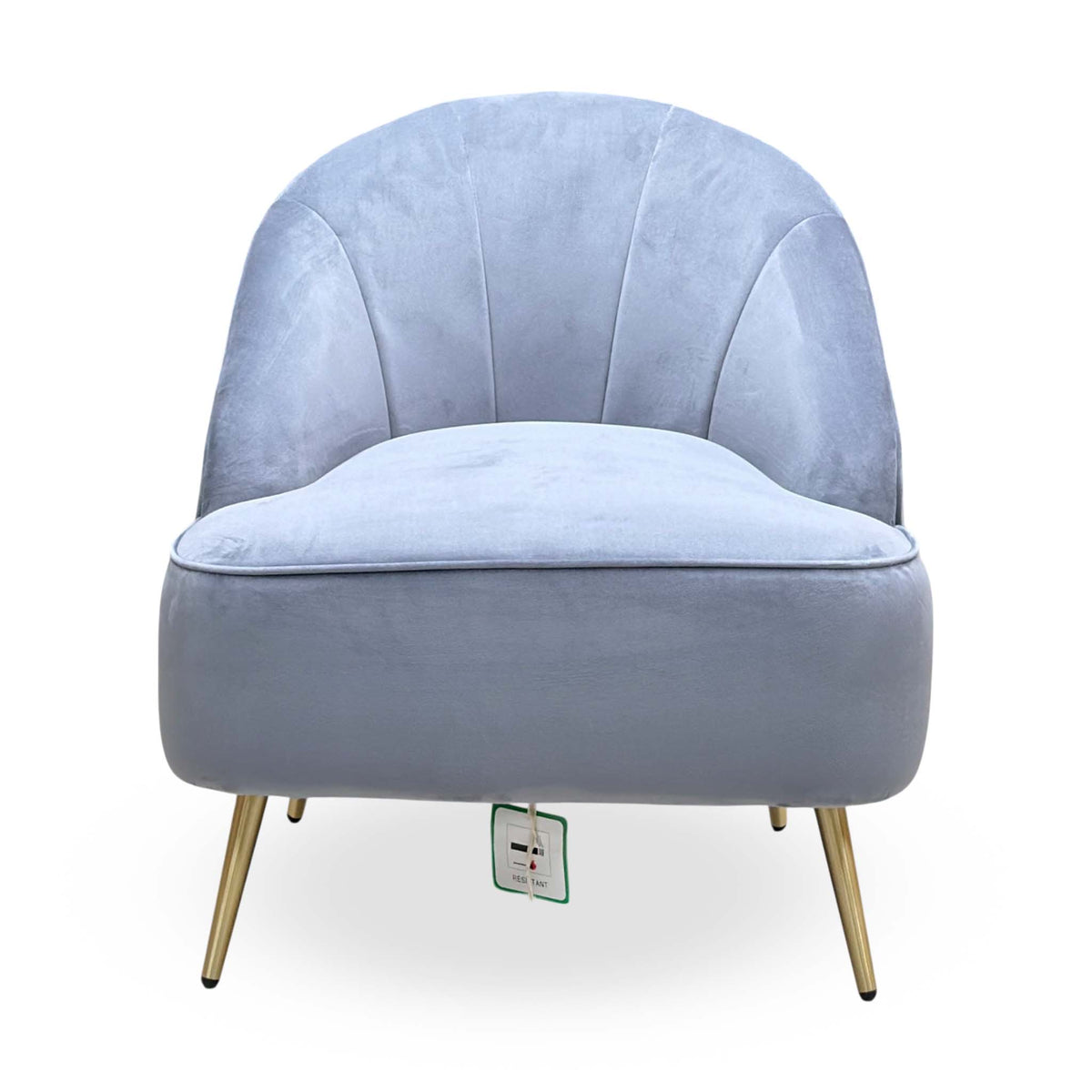 Front view of the Cali bluish grey velvet accent chair showing the fluted back and tapered gold legs