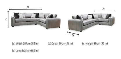 'Amara' Stone Grey Velvet Fabric Right Hand Facing Double Arm Corner Group Sofa