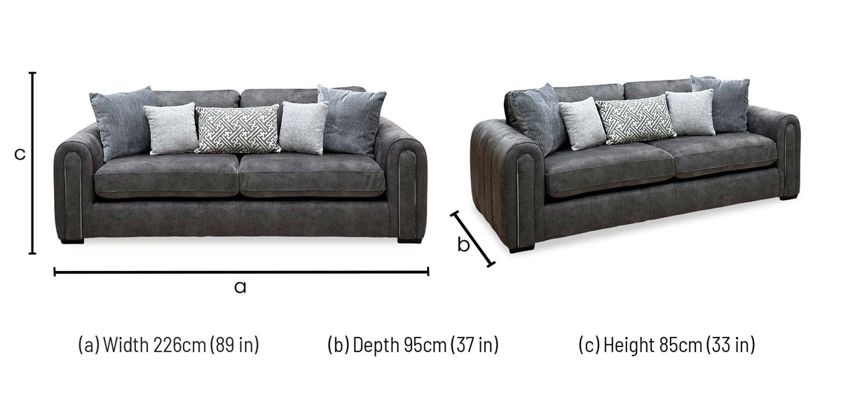 Amara charcoal grey velvet 3 seater sofa dimensions: width 226cm, depth 95cm, height 85cm