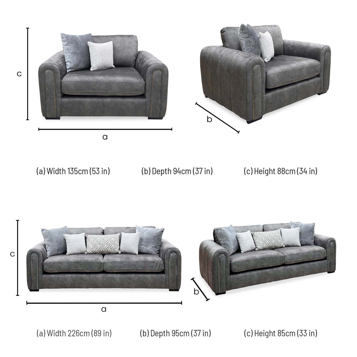 Amara charcoal grey velvet dimensions: snuggle chair 135 x 94 x 88cm, 3 seater sofa 226 x 95 x 85cm