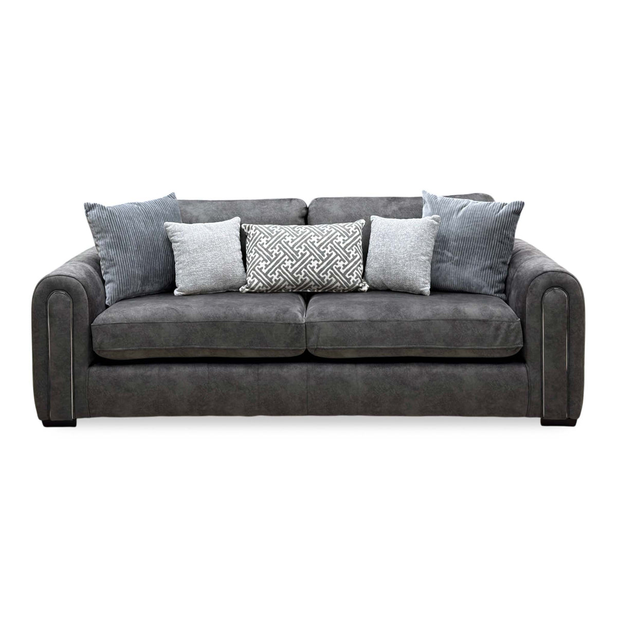 Front view of the Amara charcoal grey velvet 3 seater sofa with rolled arms and two deep seat cushions