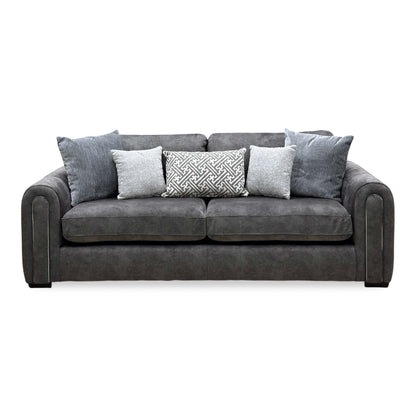 Front view of the Amara charcoal grey velvet 3 seater sofa with rolled arms and two deep seat cushions