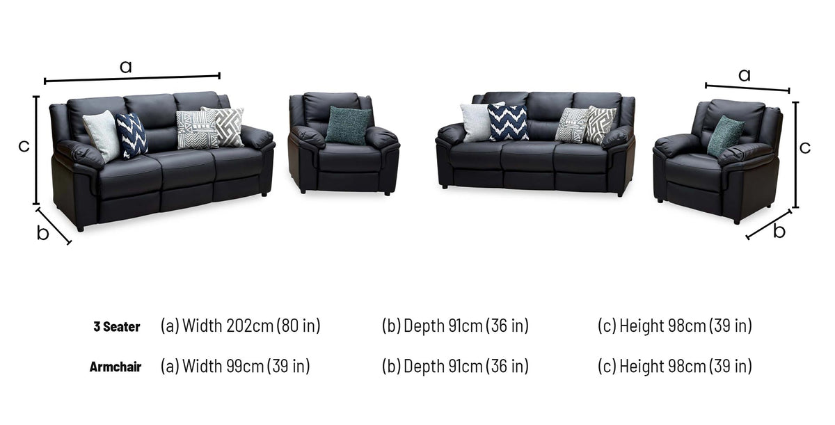'Albion' Black Luxury Faux Leather High Back 3 Seater + Armchair Set