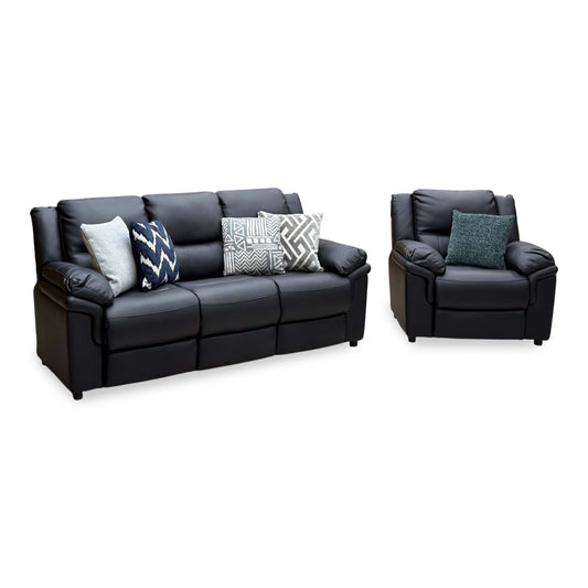 Albion black faux leather high back 3 seater sofa and armchair set, angled cut-out with scatter cushions