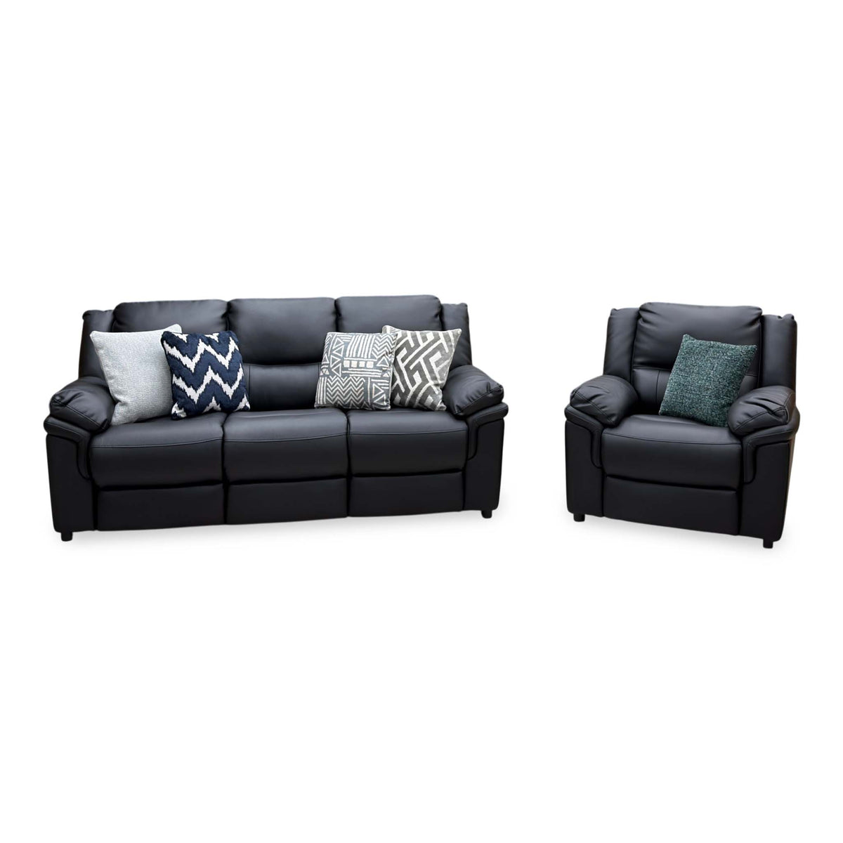 'Albion' Black Luxury Faux Leather High Back 3 Seater + Armchair Set