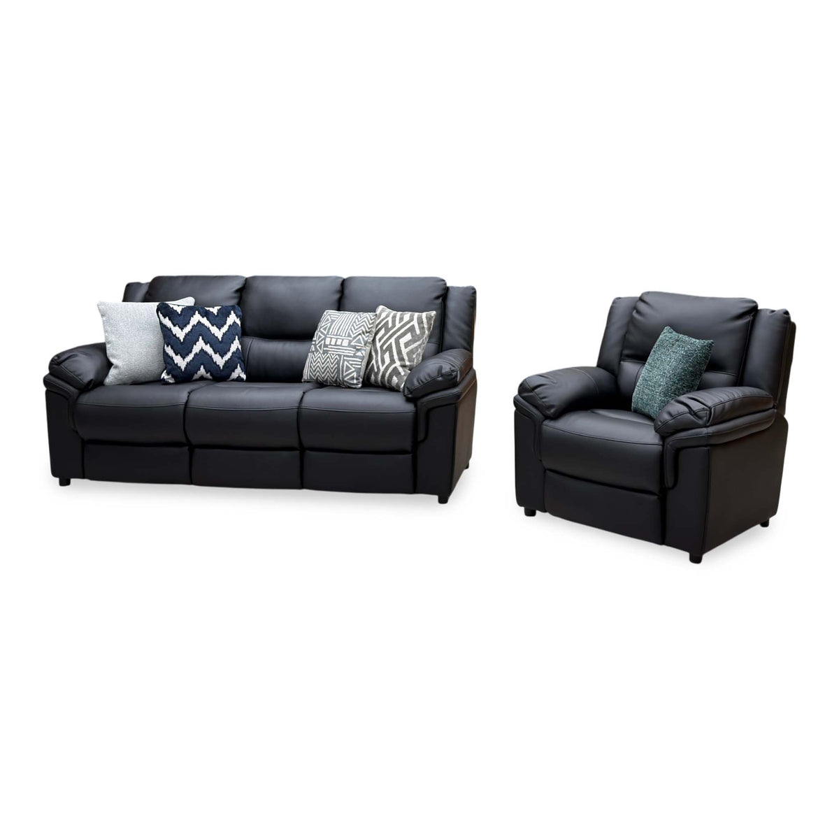 'Albion' Black Luxury Faux Leather High Back 3 Seater + Armchair Set