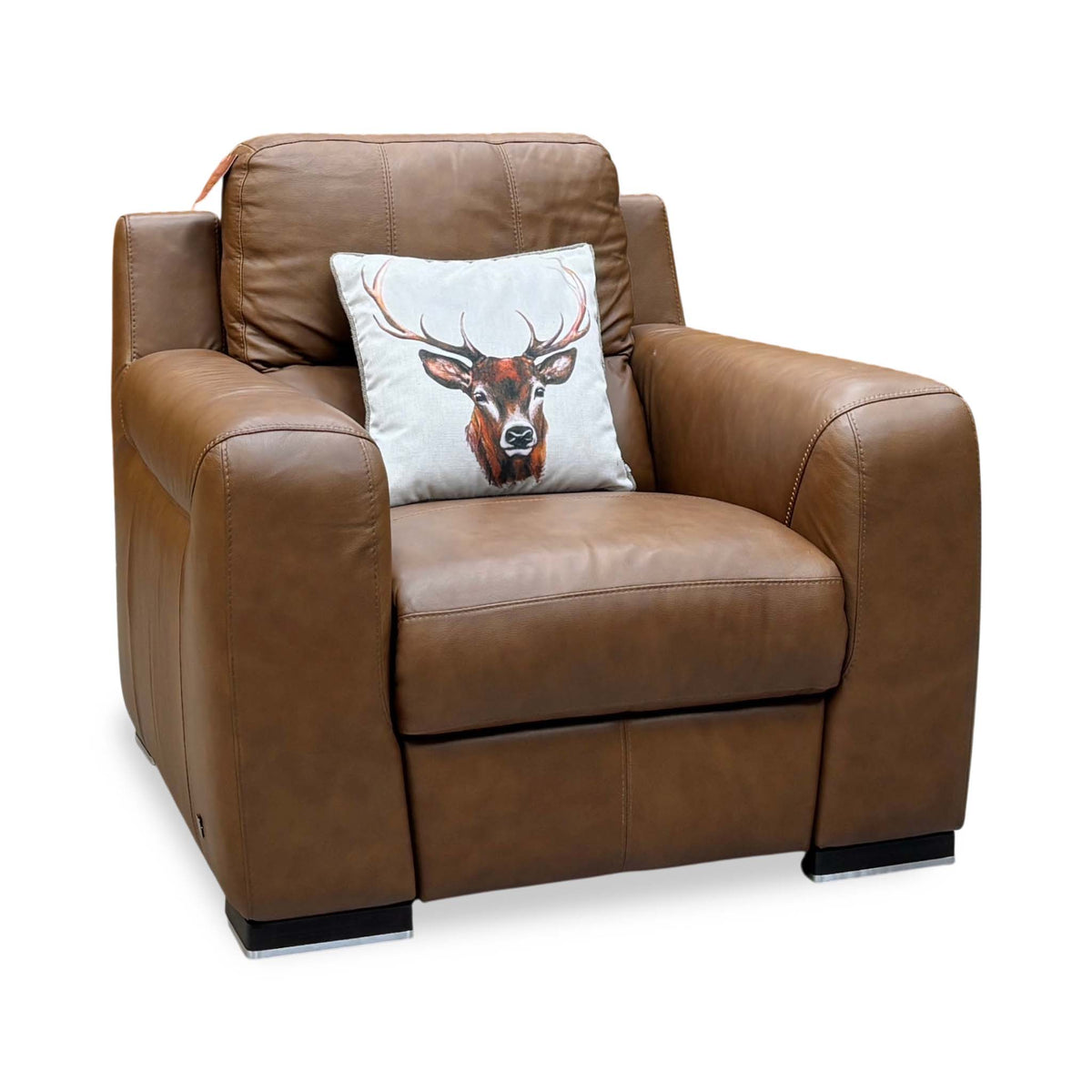 Marinelli Viali bark brown leather power recliner chair upright, angled view from the left