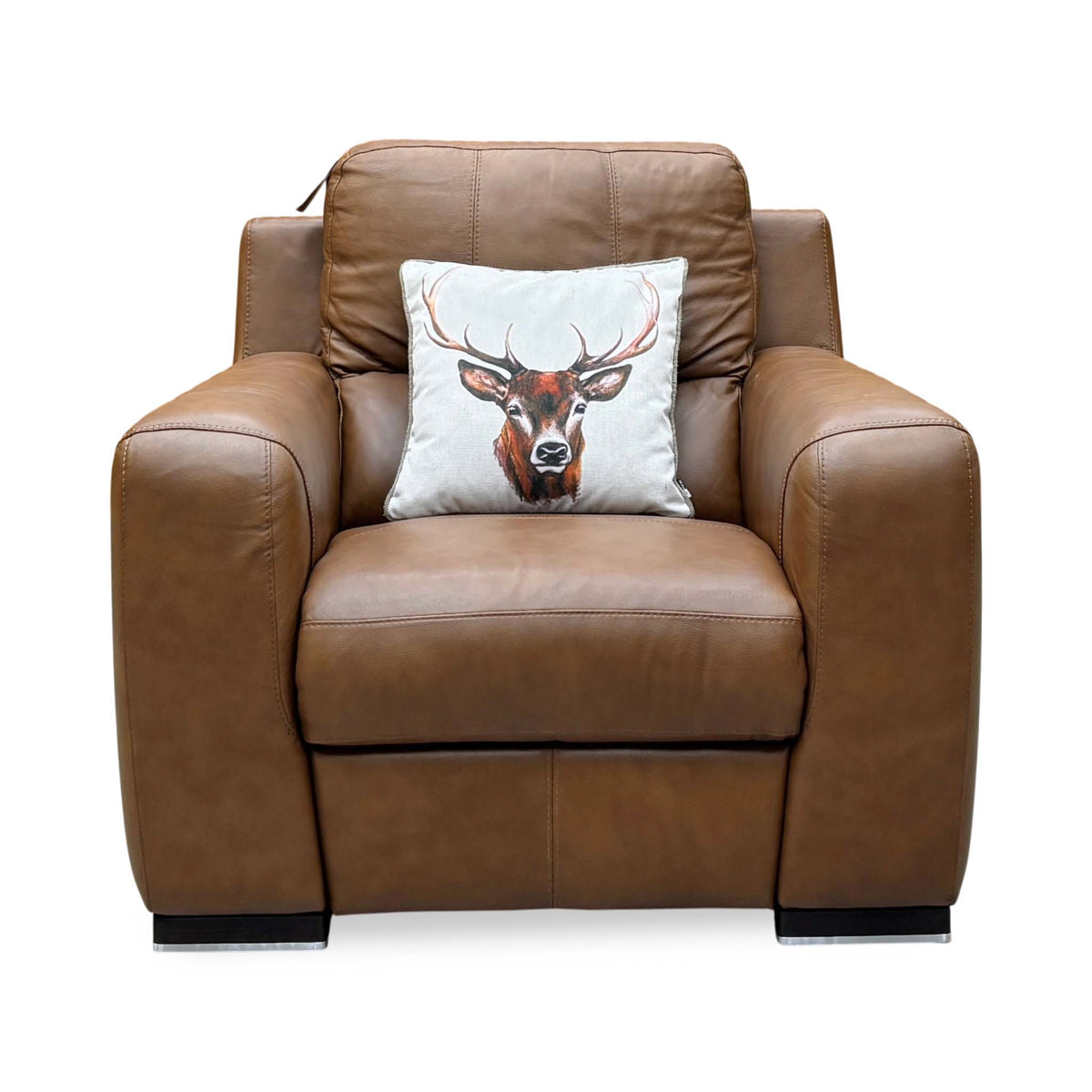 Front view of the Marinelli Viali bark brown leather power recliner chair with wide arms and a stag cushion