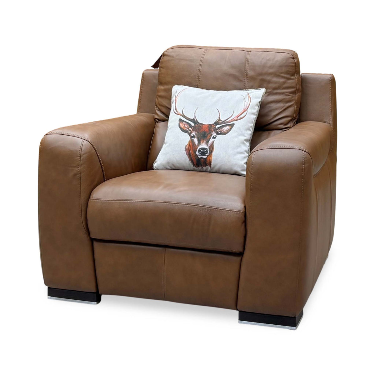 Marinelli Viali bark brown leather power recliner chair upright, angled view from the right