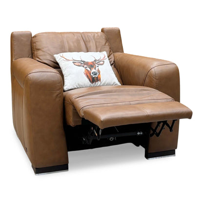 Marinelli Viali bark brown leather power recliner chair with the footrest raised, angled view with a stag cushion