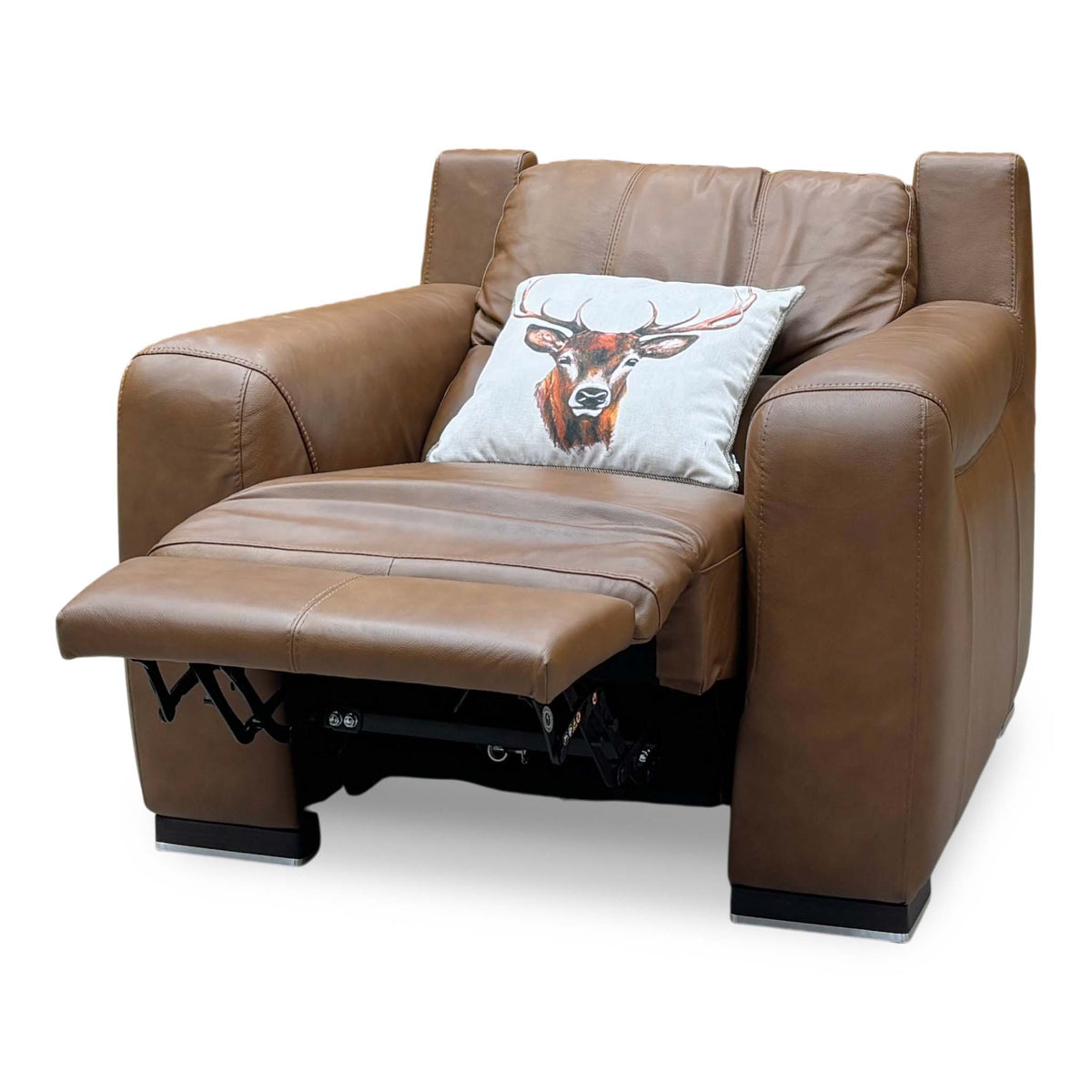 Marinelli Viali bark brown leather chair reclined with the footrest extended, seen from the left