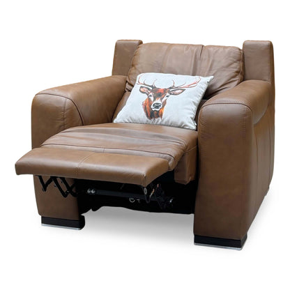 Marinelli Viali bark brown leather chair reclined with the footrest extended, seen from the left