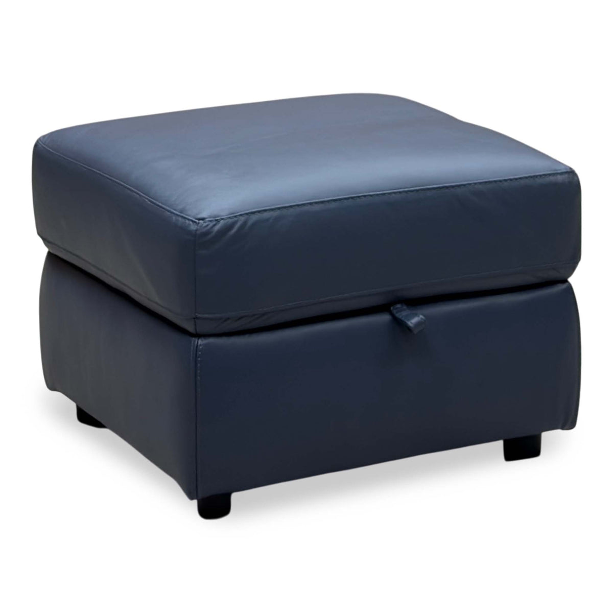 World of Leather Touch ocean blue leather storage footstool, angled view with the lid closed