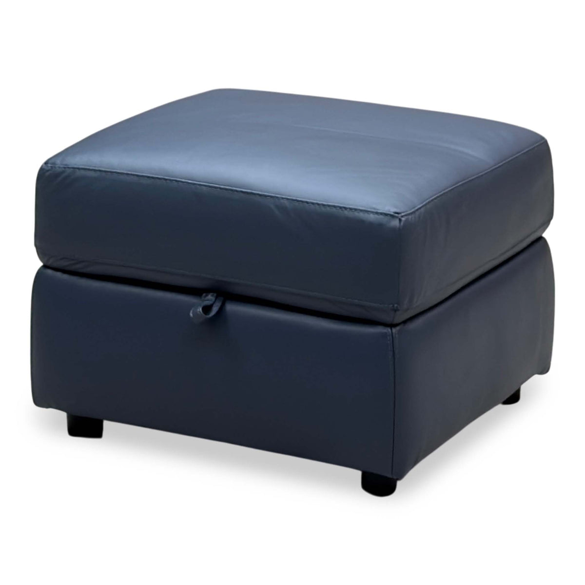 World of Leather Touch ocean blue leather storage footstool closed, angled view showing the lid pull tab