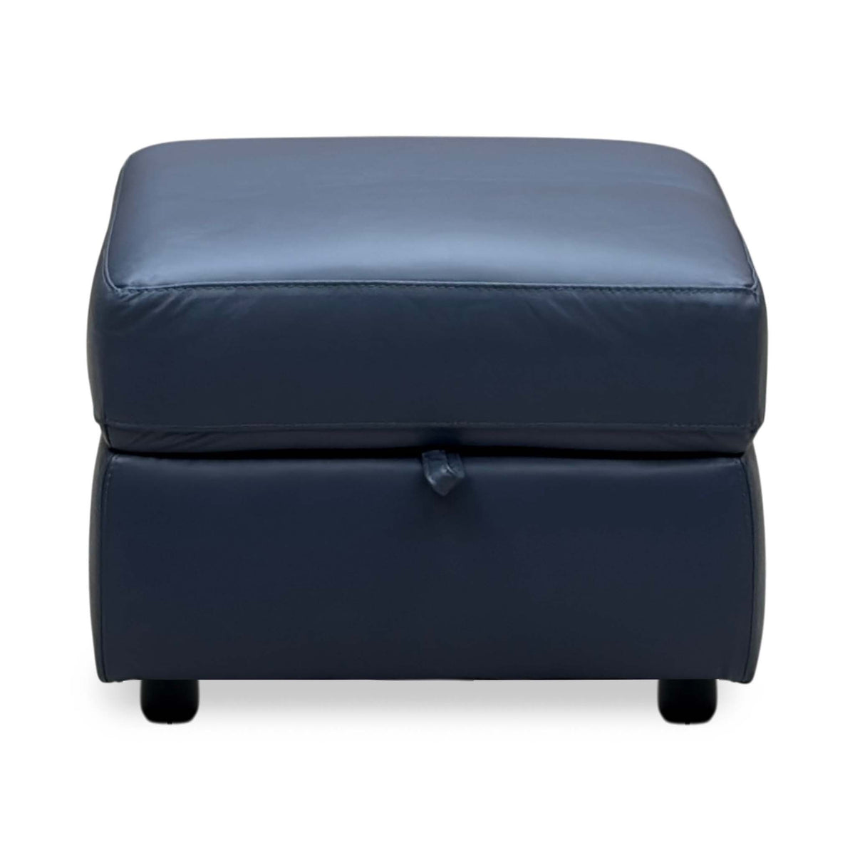 Front view of the World of Leather Touch ocean blue leather storage footstool on dark block feet