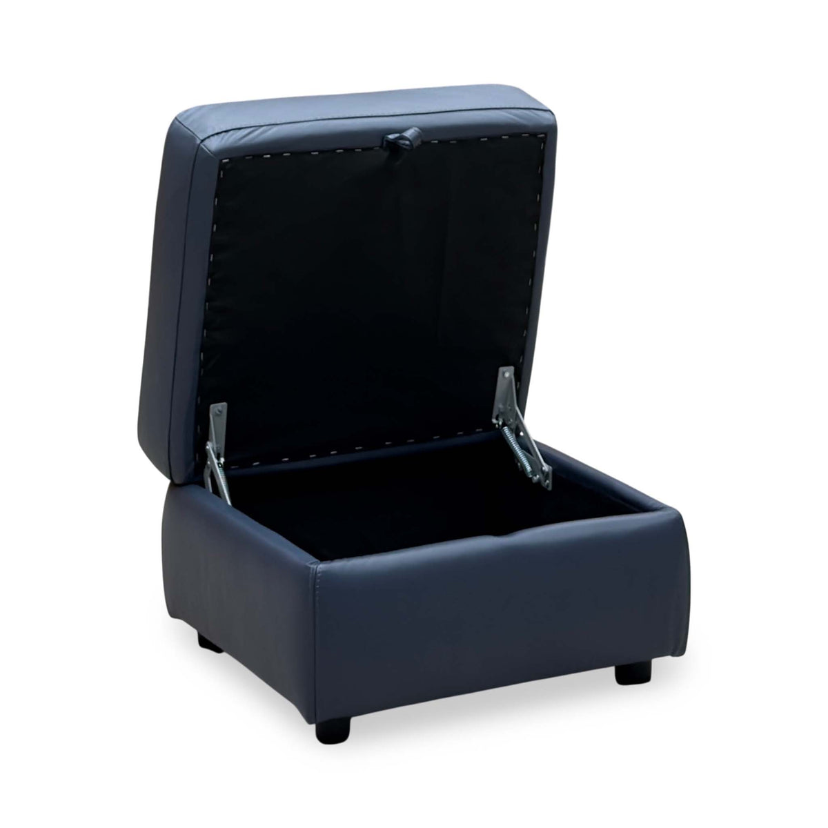 World of Leather Touch ocean blue leather storage footstool open, angled from the left to show the hinges