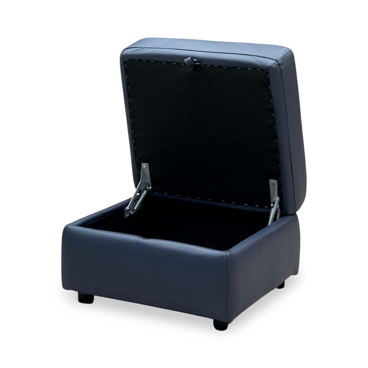 World of Leather Touch ocean blue leather footstool with the lid raised showing the black-lined storage space