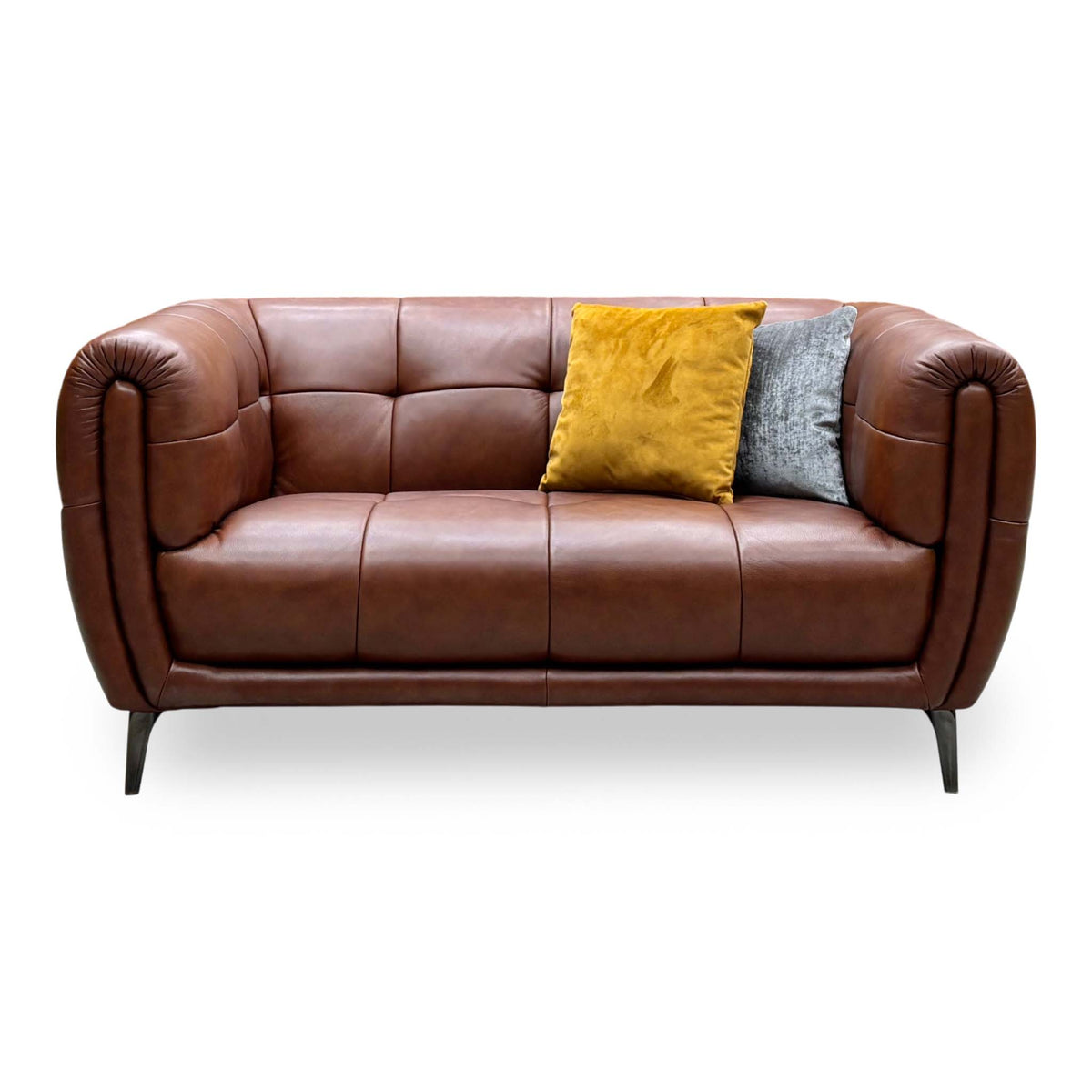 Front view of the Sienna butterscotch brown leather 2 seater sofa with tufted back and black metal legs