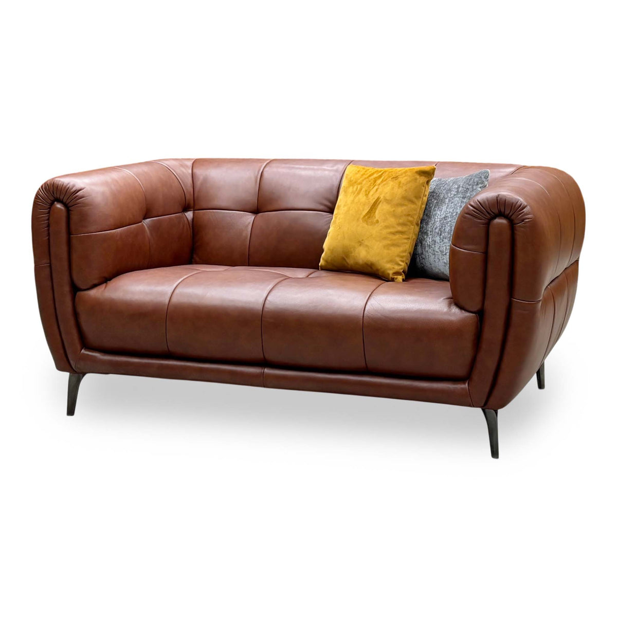 Sienna brown leather 2 seater sofa from the right showing the rolled arms and tapered black legs