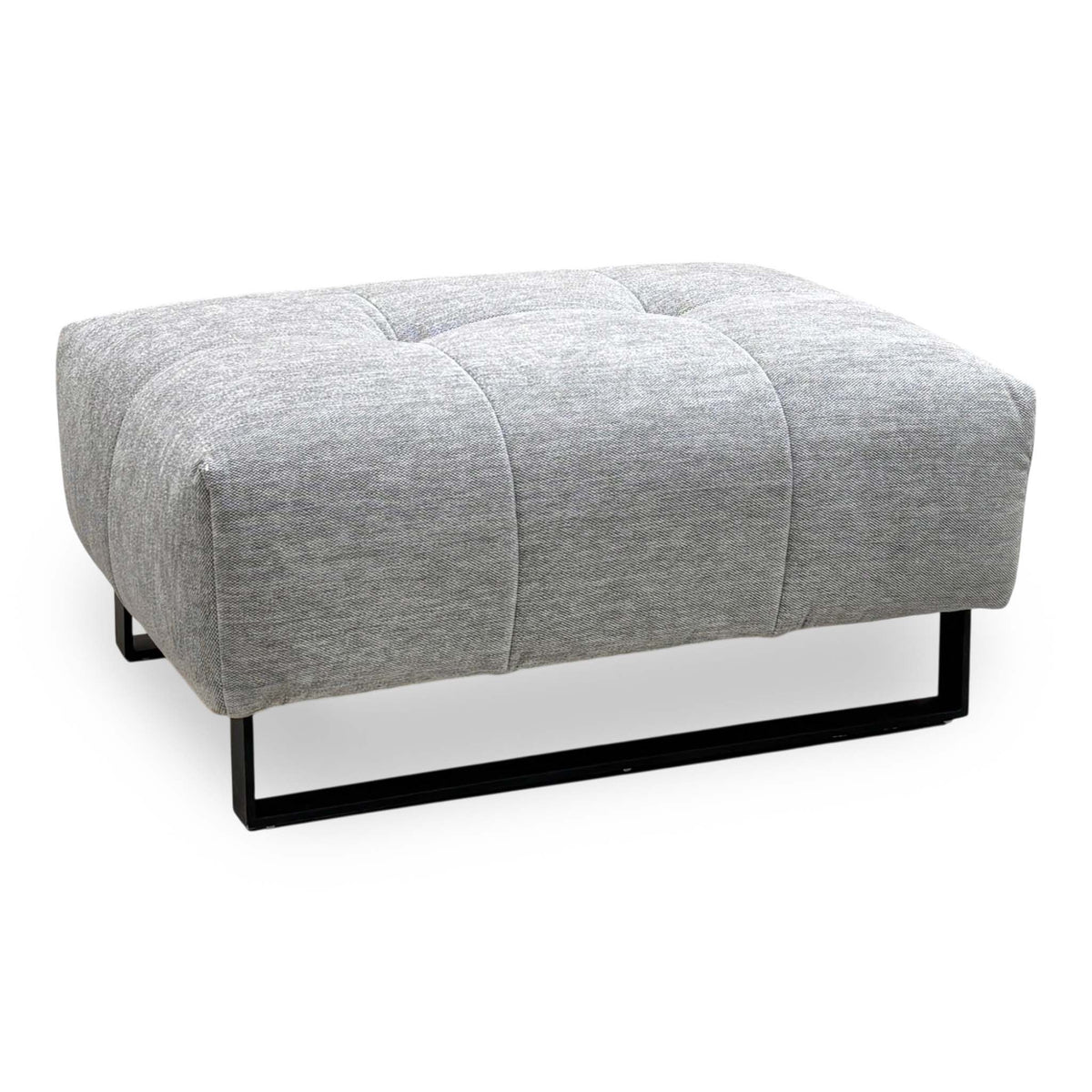 Shelby dove grey fabric footstool, angled view from the right