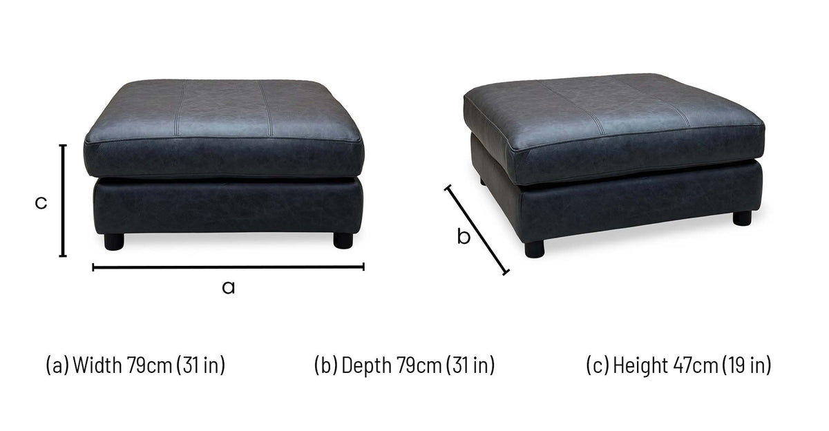 Romilly navy blue leather footstool dimensions: width 79cm, depth 79cm, height 47cm
