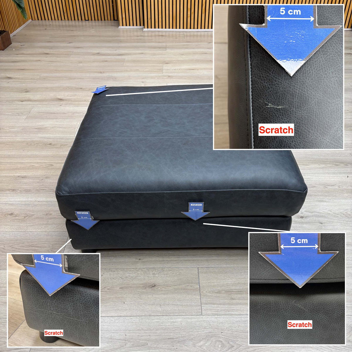Romilly navy blue leather footstool with three small scratches marked by 5cm arrows, insets showing each