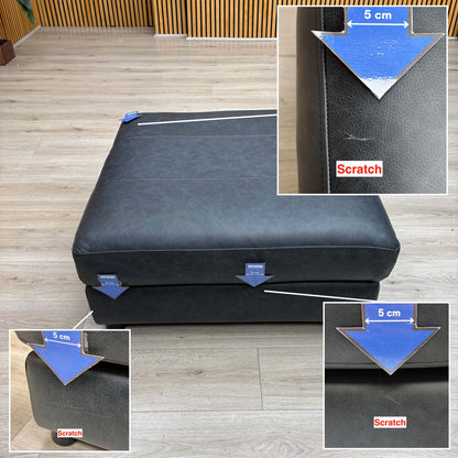 Romilly navy blue leather footstool with three small scratches marked by 5cm arrows, insets showing each