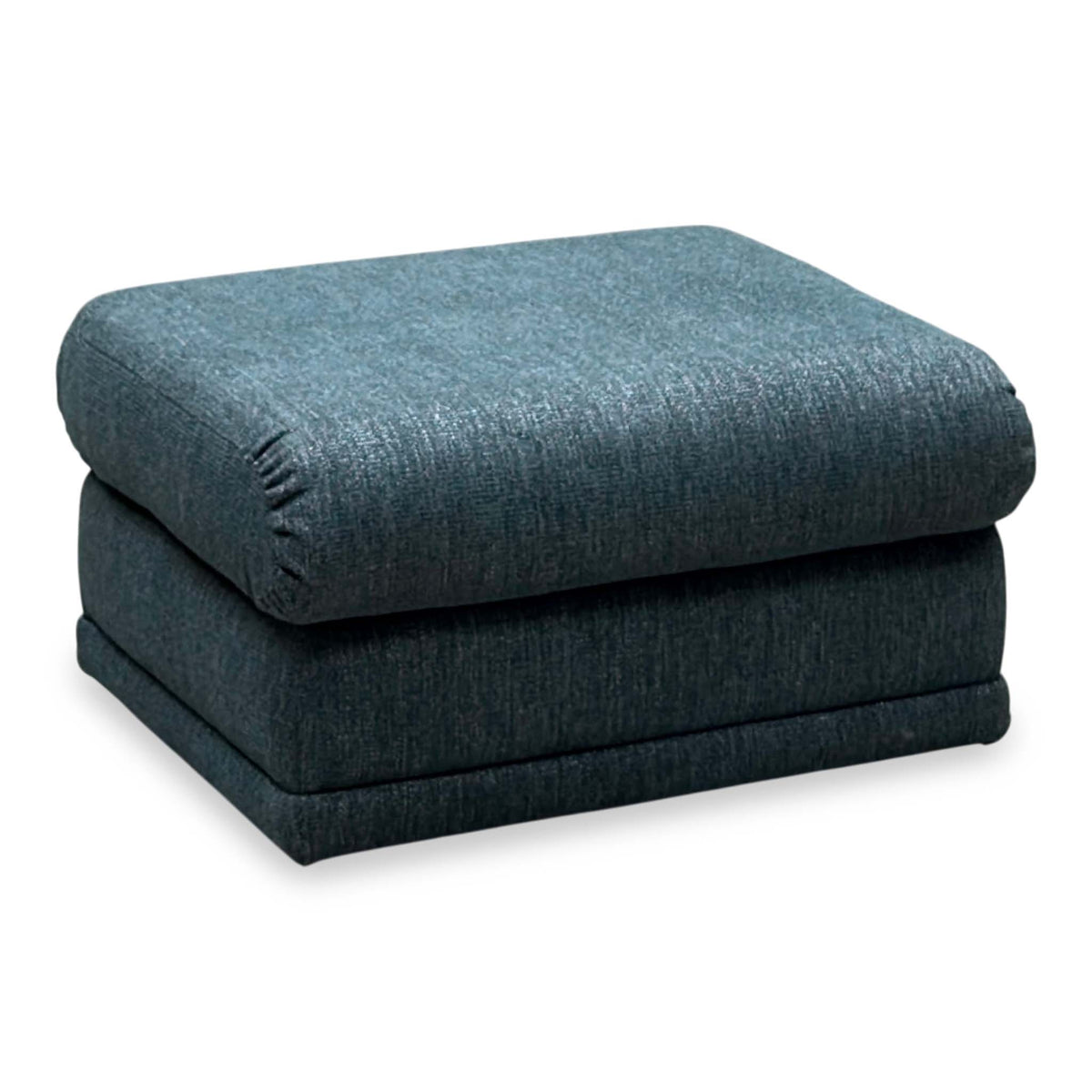 G Plan Malvern teal fabric storage footstool with a padded lid, angled view