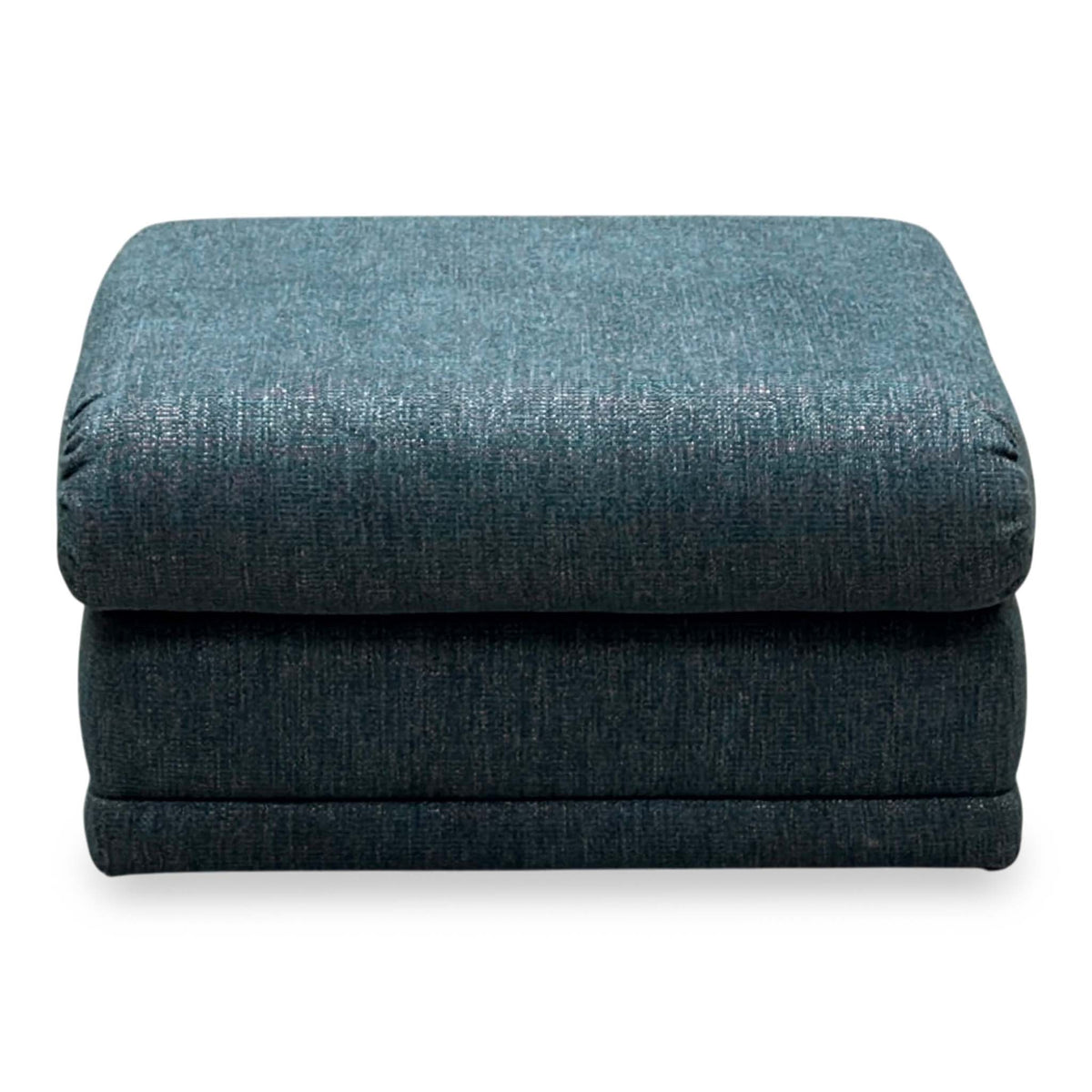 Front view of the G Plan Malvern teal fabric storage footstool with the lid closed