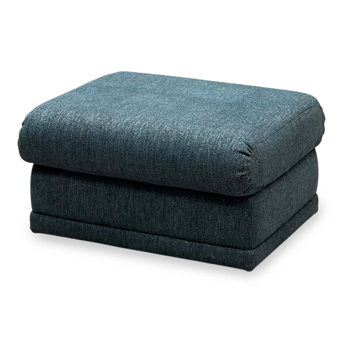 G Plan Malvern teal fabric storage footstool, angled from the right with the lid closed