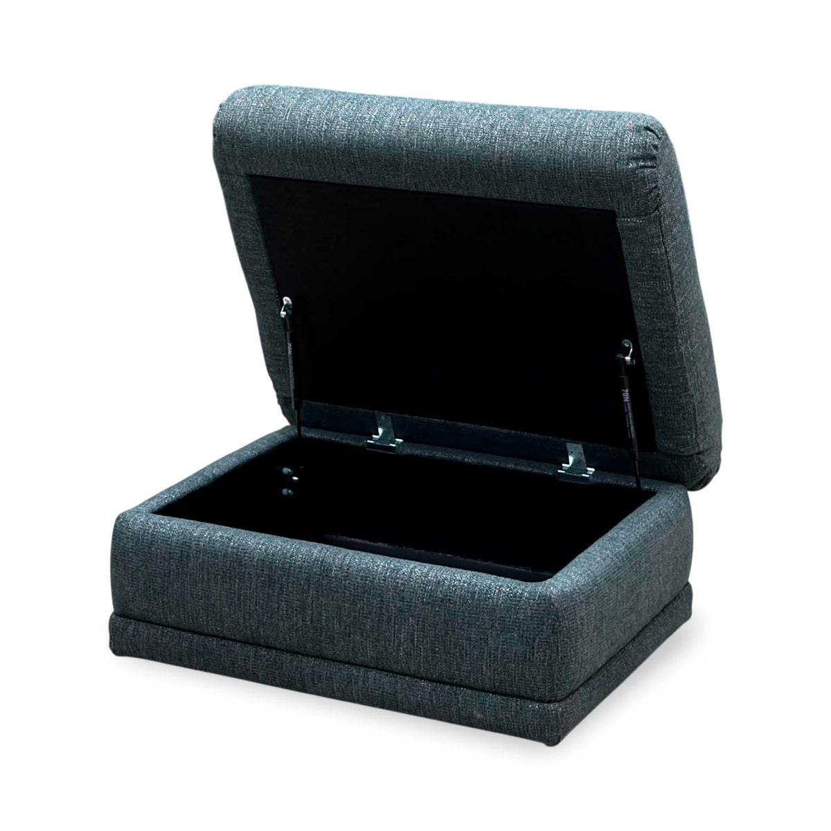 G Plan Malvern teal fabric footstool with the lid open showing the storage space inside