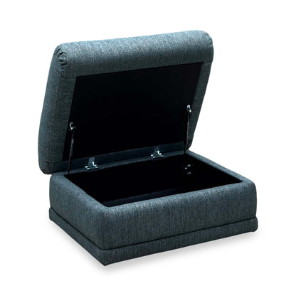 Open storage of the G Plan Malvern teal fabric footstool, lid raised and angled from the left
