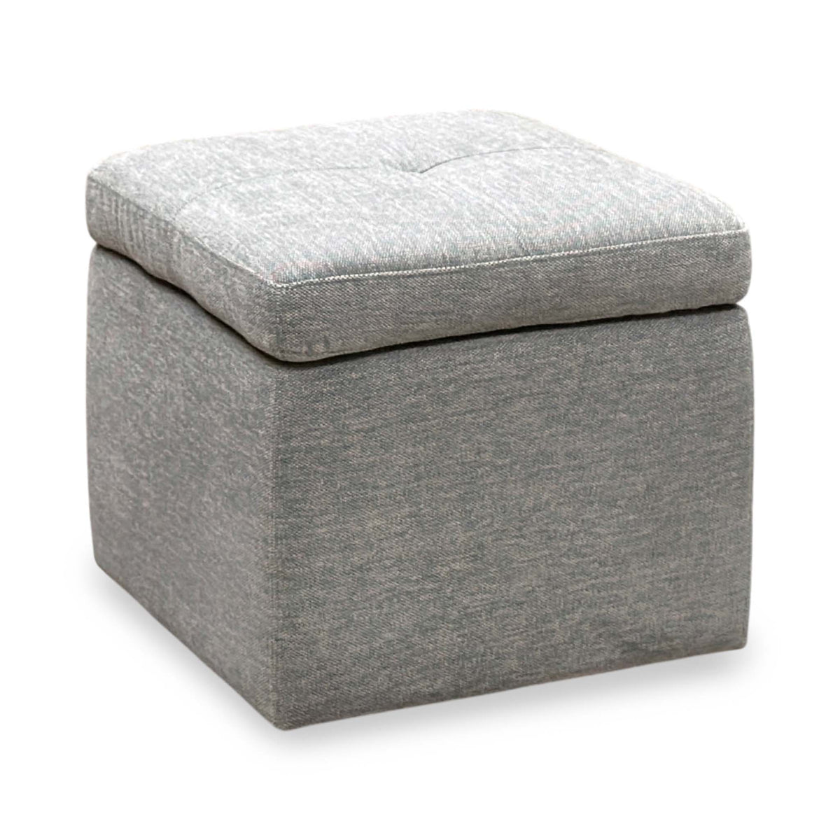 Easy Tray wild dove grey fabric storage footstool with the buttoned lid closed, angled view