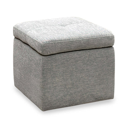 Easy Tray wild dove grey fabric storage footstool with the buttoned lid closed, angled view