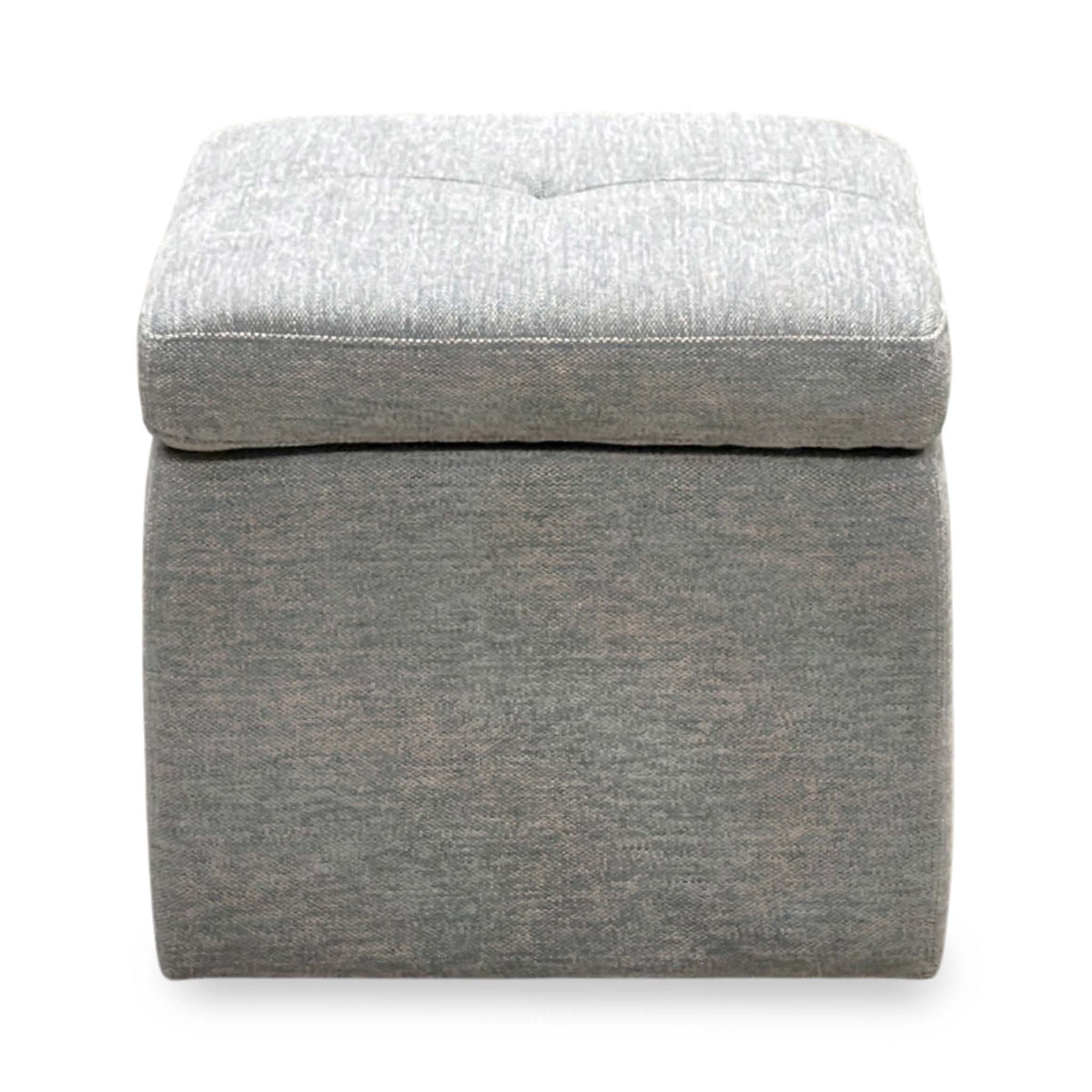 Front view of the Easy Tray wild dove grey fabric storage footstool with the lid closed