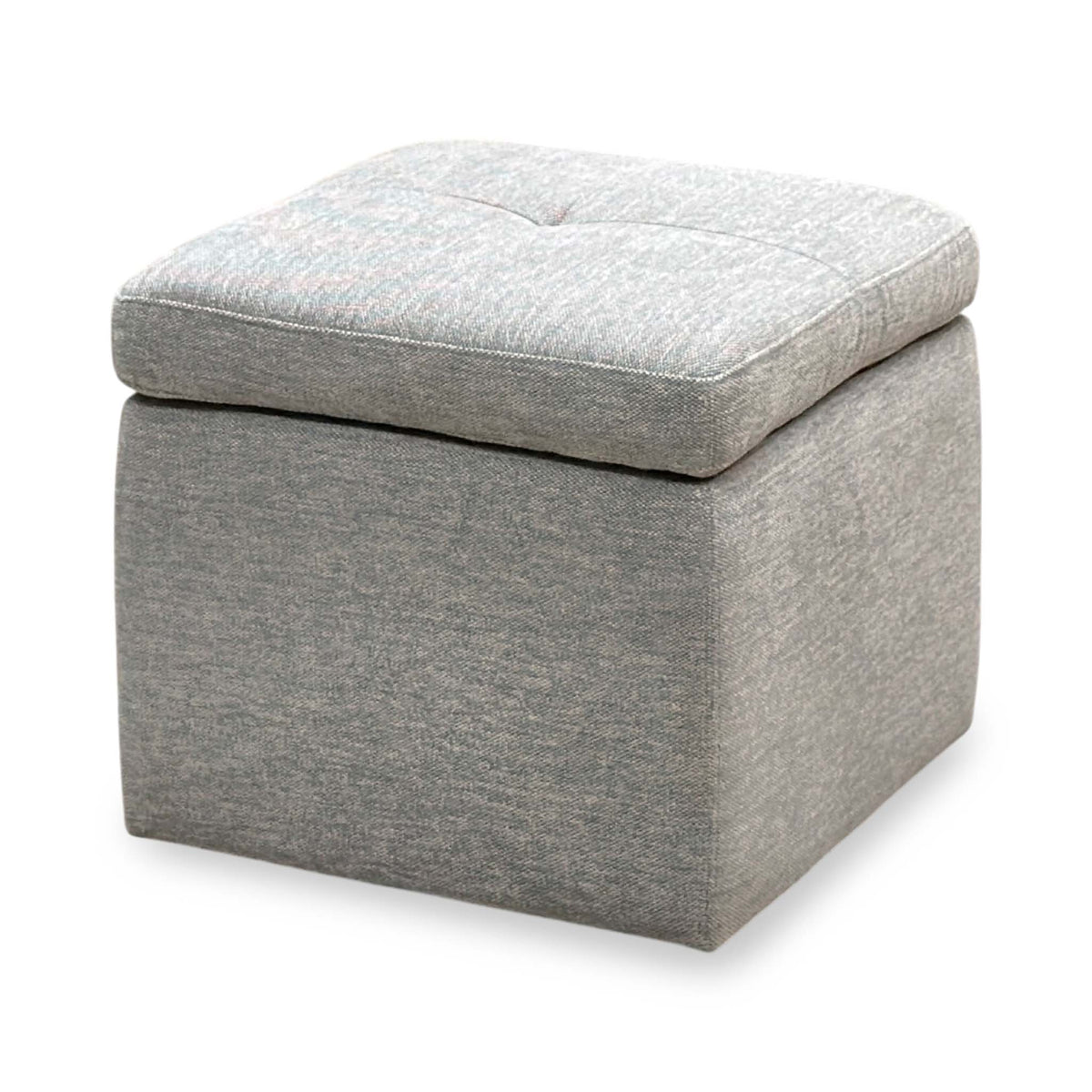 Easy Tray wild dove grey fabric storage footstool closed, closer angled view of the buttoned cushioned lid