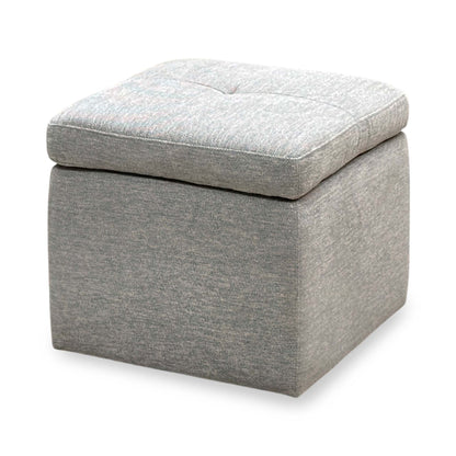 Easy Tray wild dove grey fabric storage footstool closed, closer angled view of the buttoned cushioned lid